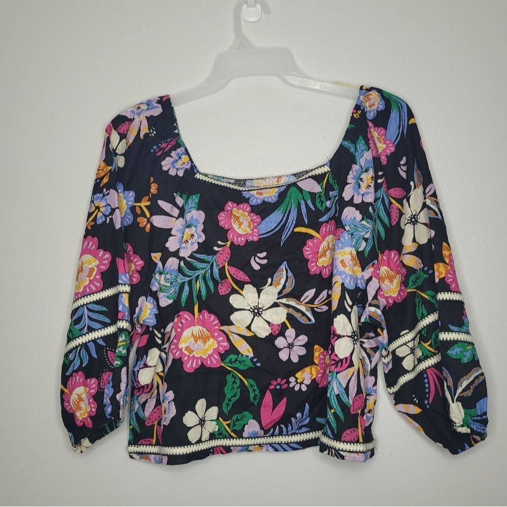 C&C California black floral peasant 100% linen beachy vacation top size xl NWT